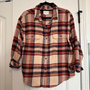 American Eagle Plaid Button Down Flannel - Cream/Blue/Rust Orange